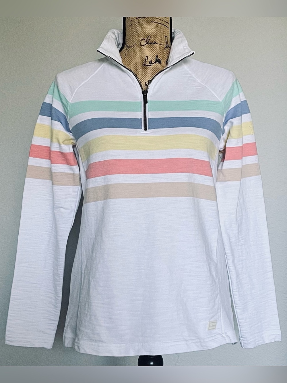 LL Bean Peak’s Island White 1/4 Zip Multi Stripe Pullover
